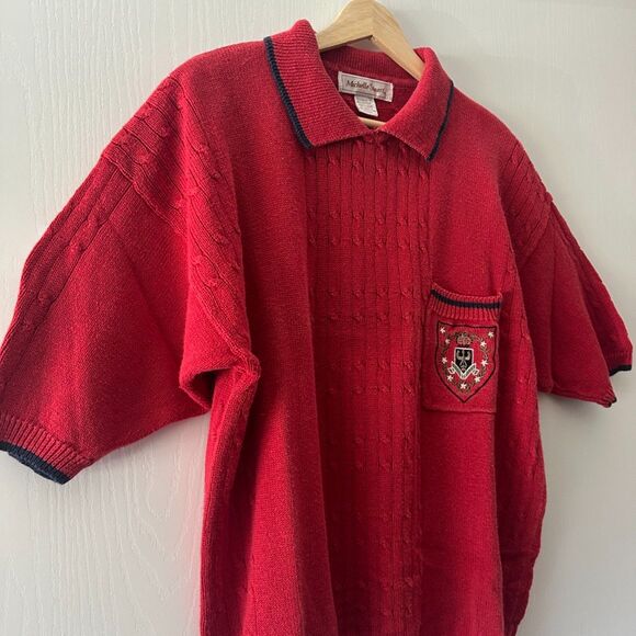 Vintage Michelle Stuart Red Knit Polo Sweater Embroidered Crest Short Sleeve Med - Picture 2 of 7